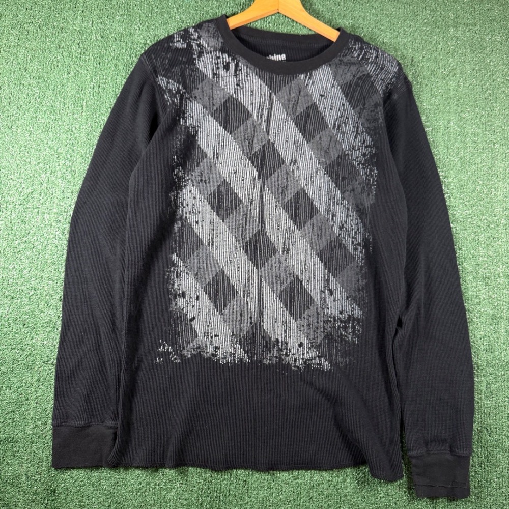 Machine Thermal Shirt Mens XL Black Excellent‎ Distressed Checkered Waffle Knit